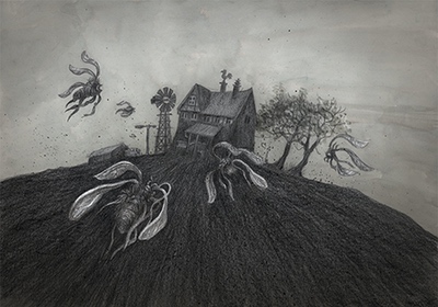 The Colour out of Space Chapter 1 Illustration - Strange Insect fly on a spooky house by Andreas Hartung